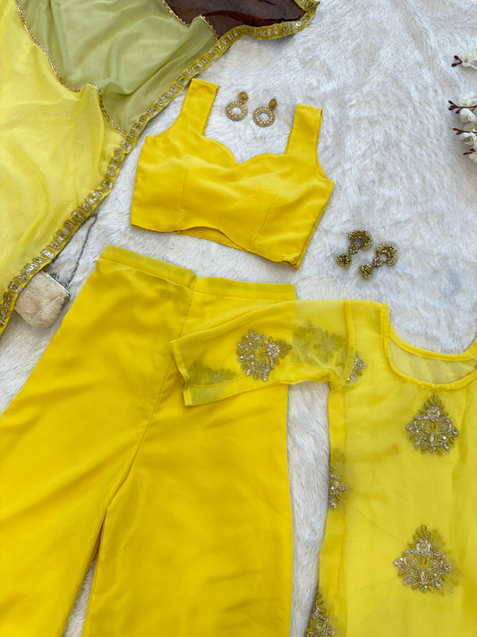 Georgette Haldi Wear Yellow Color Palazzo Suit