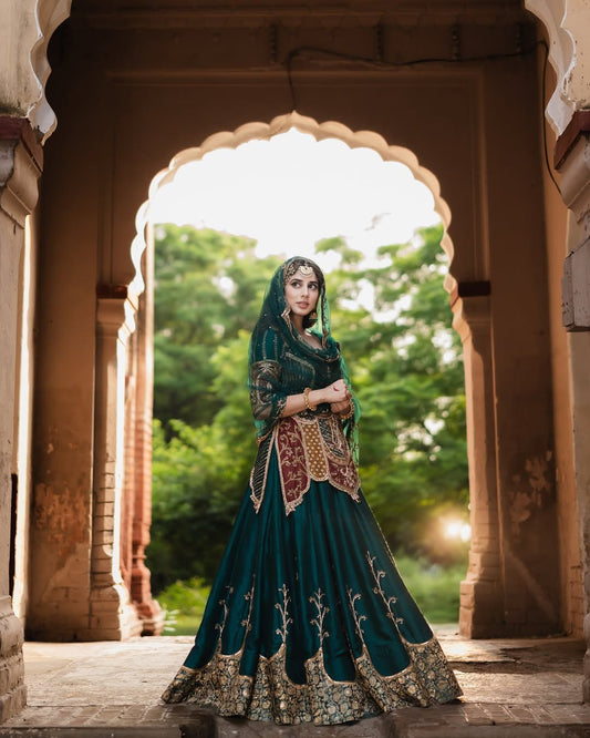 Function Wear Heavy Work Green Color Top With Lehenga