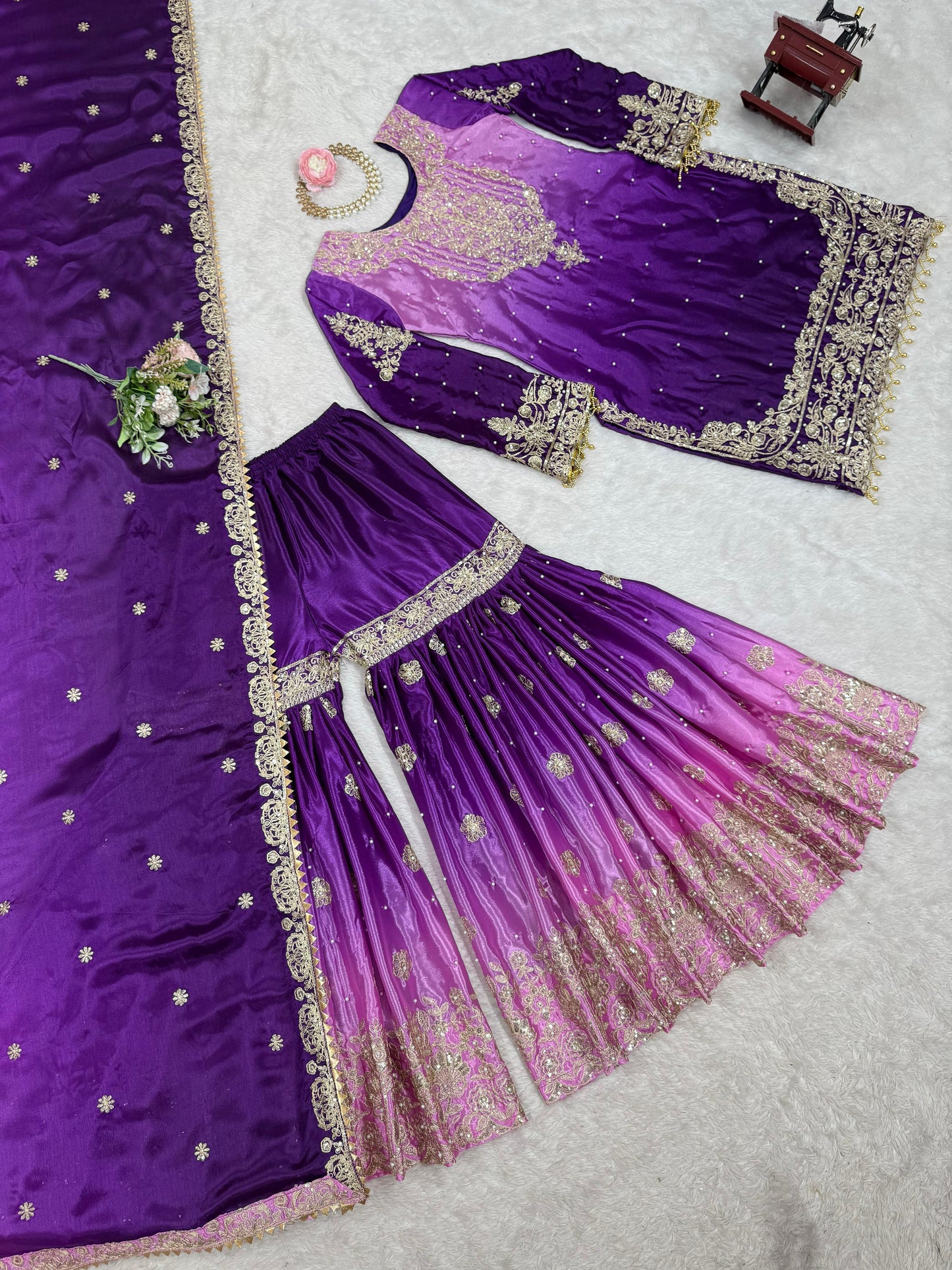 Good Looking Chinon Silk Rivet Moti Purple Color Sharara Suit