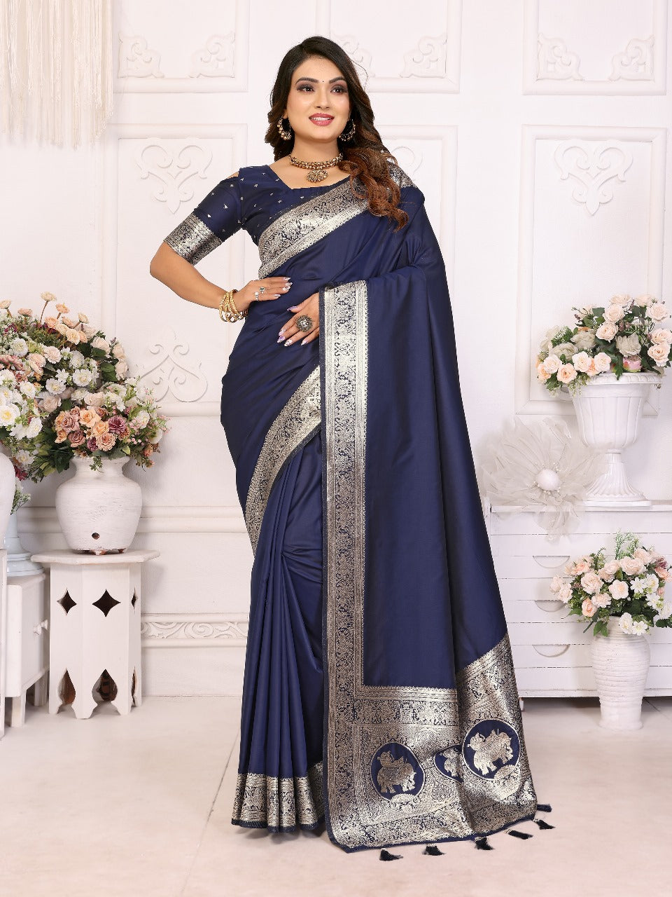 Imposing Banarasi Silk Navy Blue Color Saree