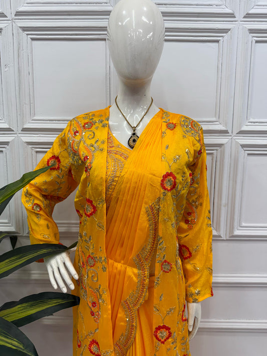 Eyes Catching Chinon Silk Yellow Color Ready To Wear Saree With Koti