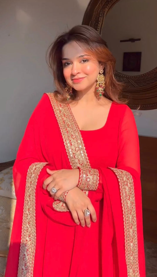 Attractive Georgette Red Color Anarkali Gown