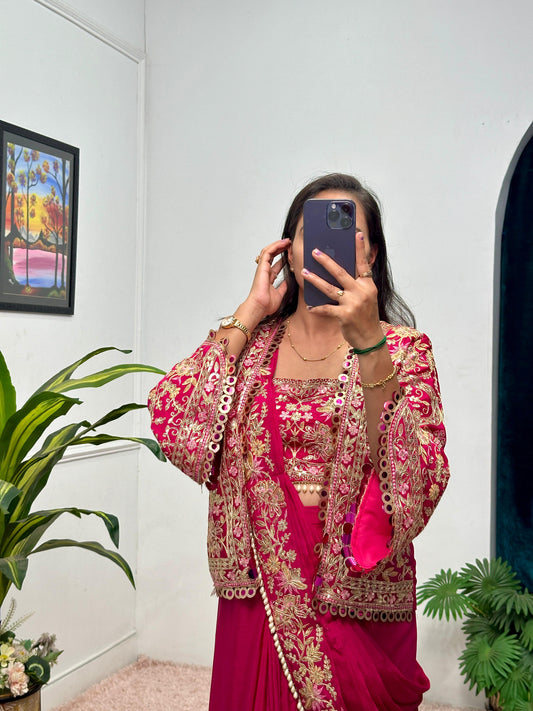 Presenting Embroidery Work Pink Color Ready To Wear Saree