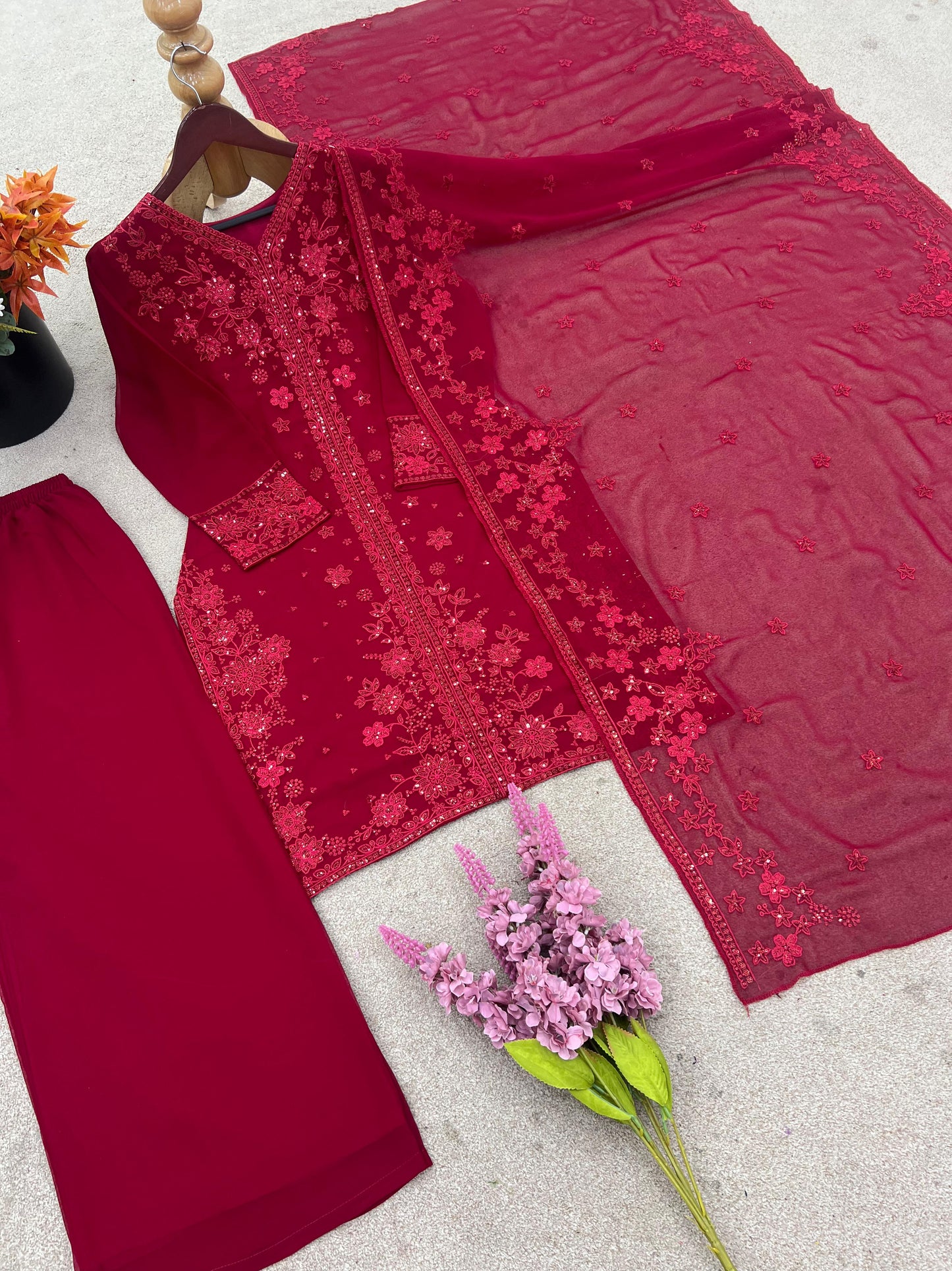 Captivating Sequence Work Red Color Palazzo Suit