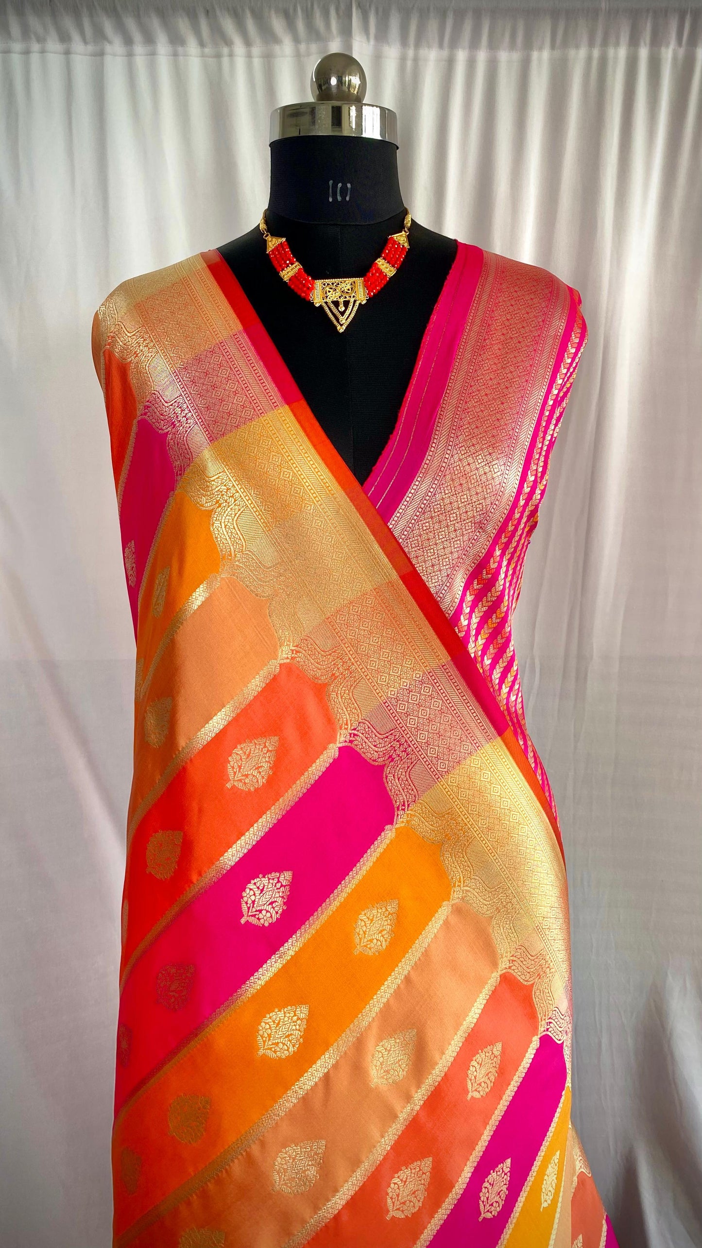Stunning Benarasi Silk Multi Color Orange Pink Saree