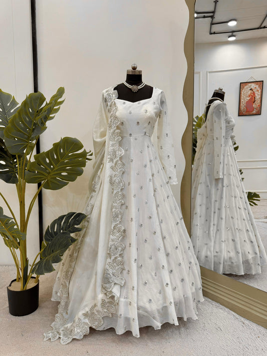 Flattering Sequence Work White Color Anarkali Gown