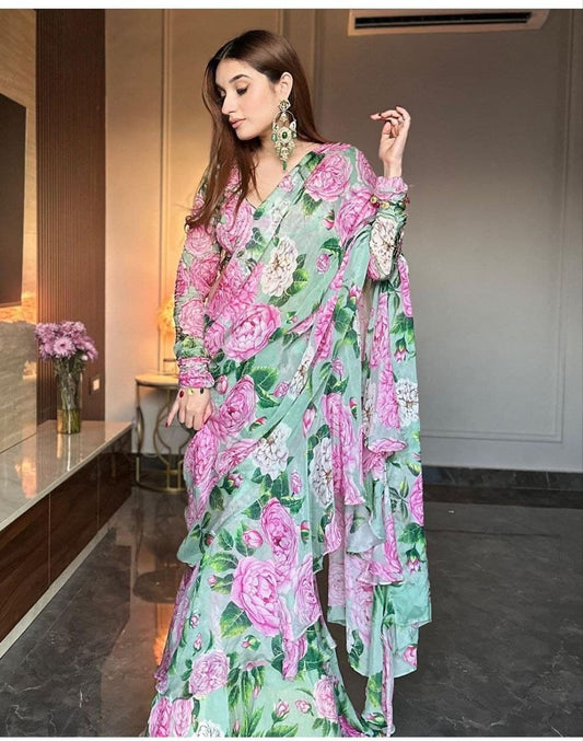 Party Wear Flower Print Multi Color Lehenga Saree