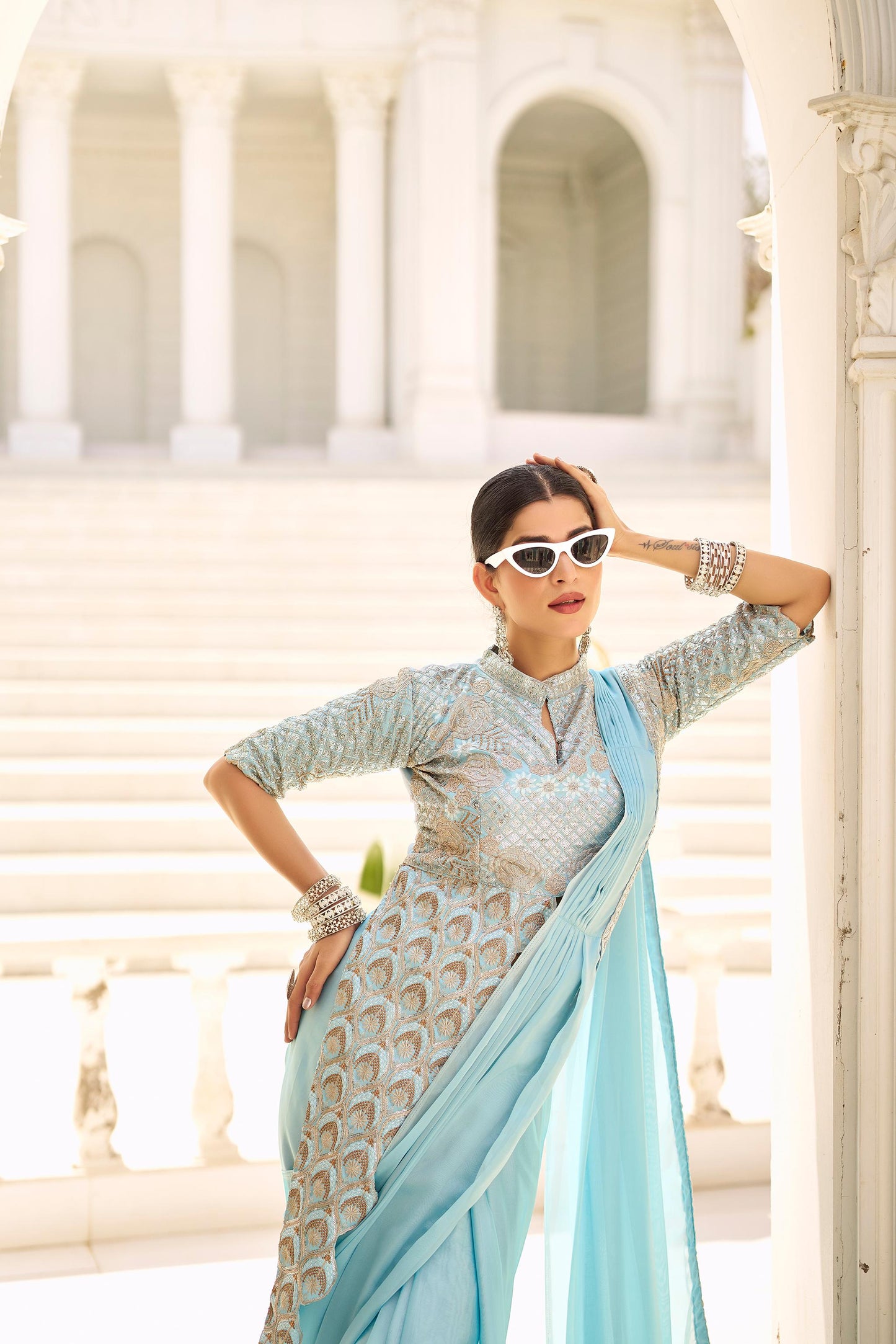 Classy Chinon Embroidery Work Sky Blue Color Ready To Wear Saree