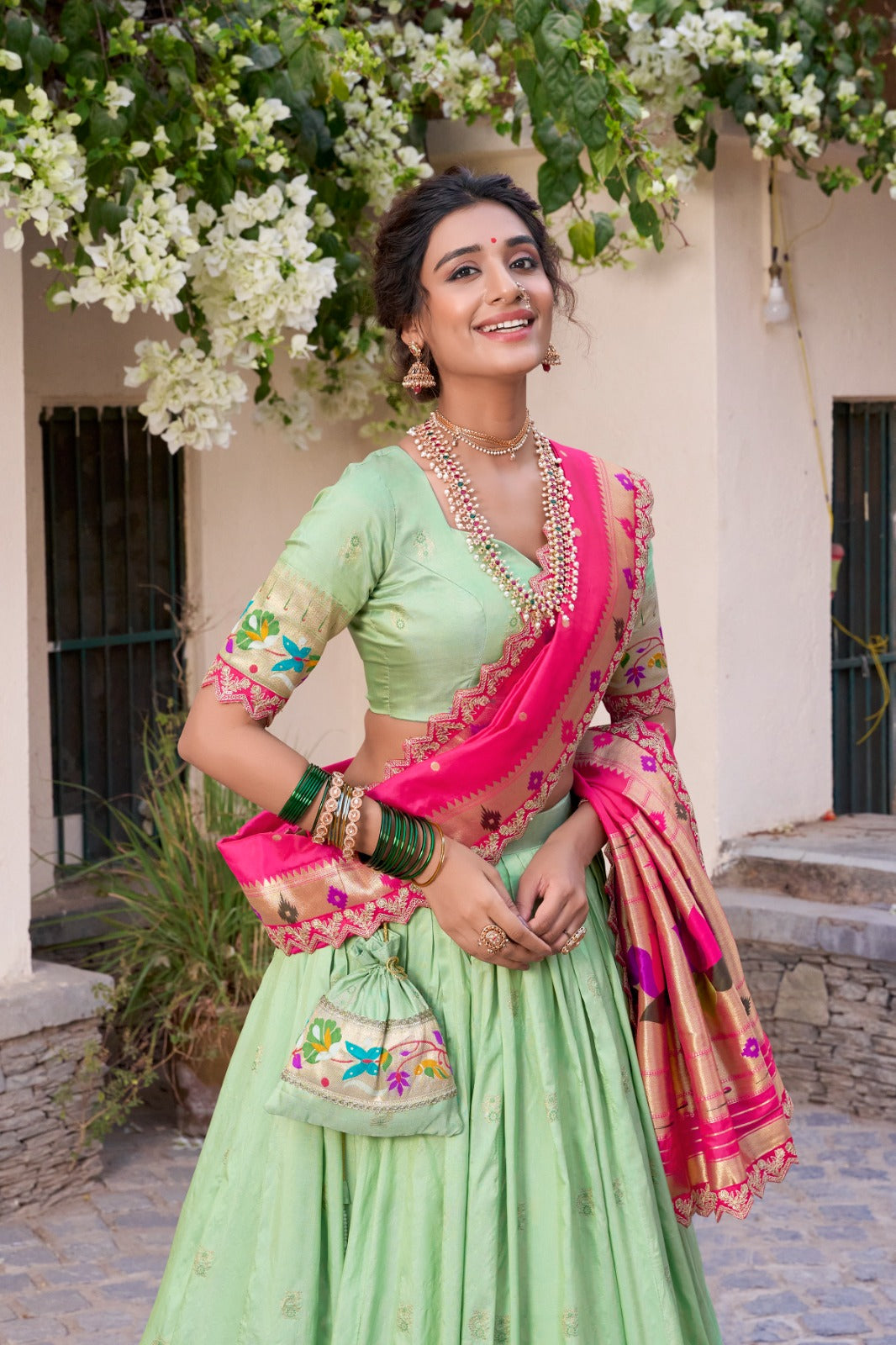 Traditional Wear Paithani Silk Pista Color Lehenga Choli