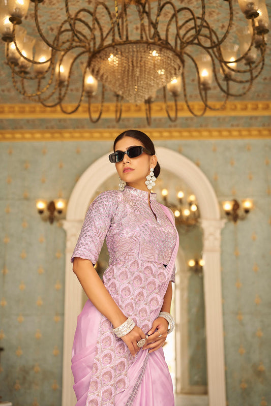 Classy Chinon Embroidery Work Lavender Color Ready To Wear Saree