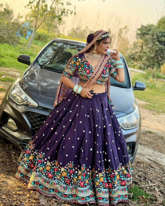 Multi Thread Work Georgette Navy Blue Color Lehenga Choli