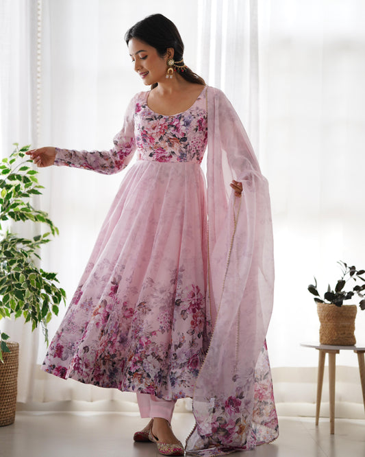 Casual Wear Multi Flower Print Light Pink Color Anarkali Suit