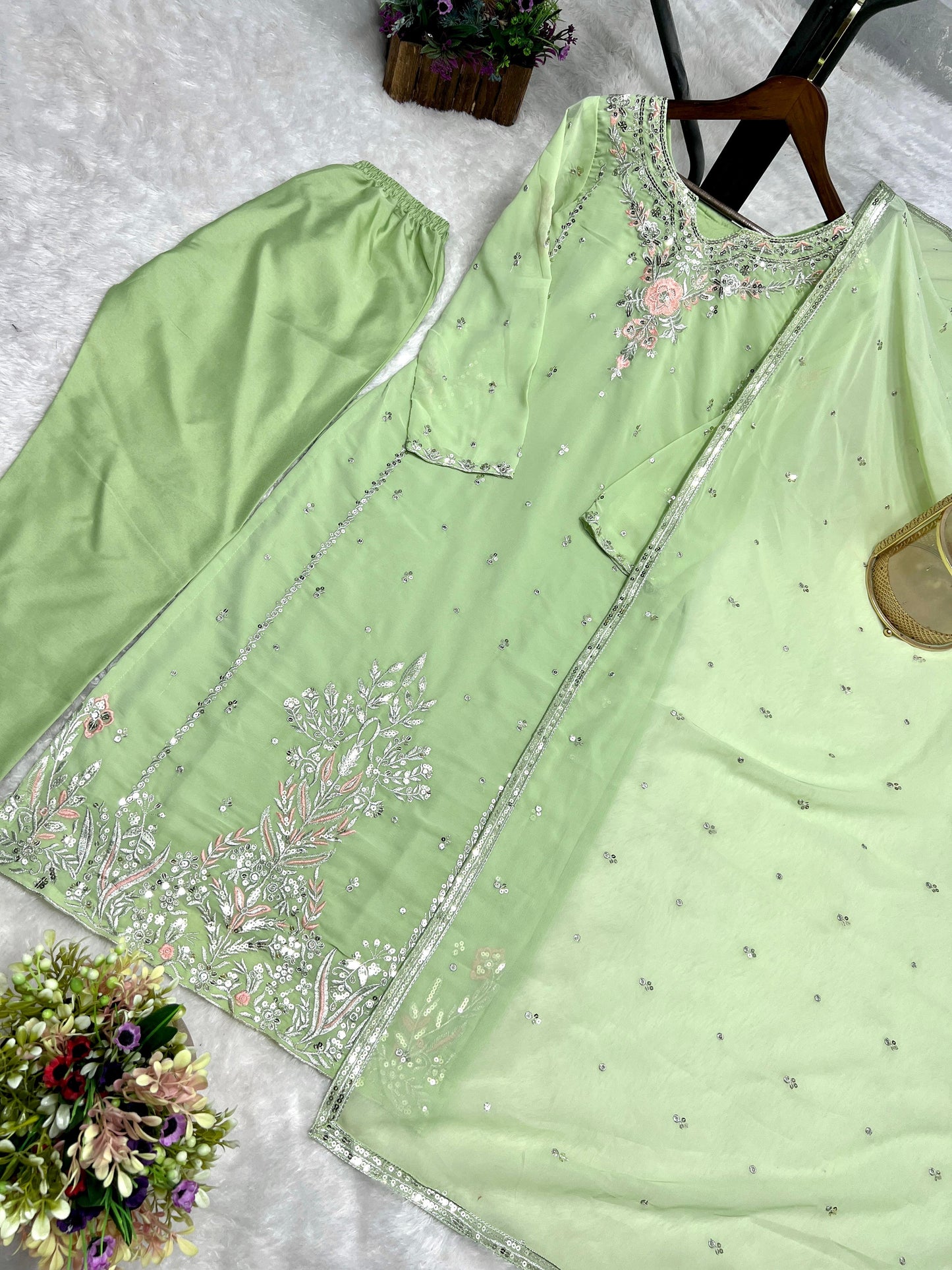 Captivating Pista Color Sequence Work Salwar Suit