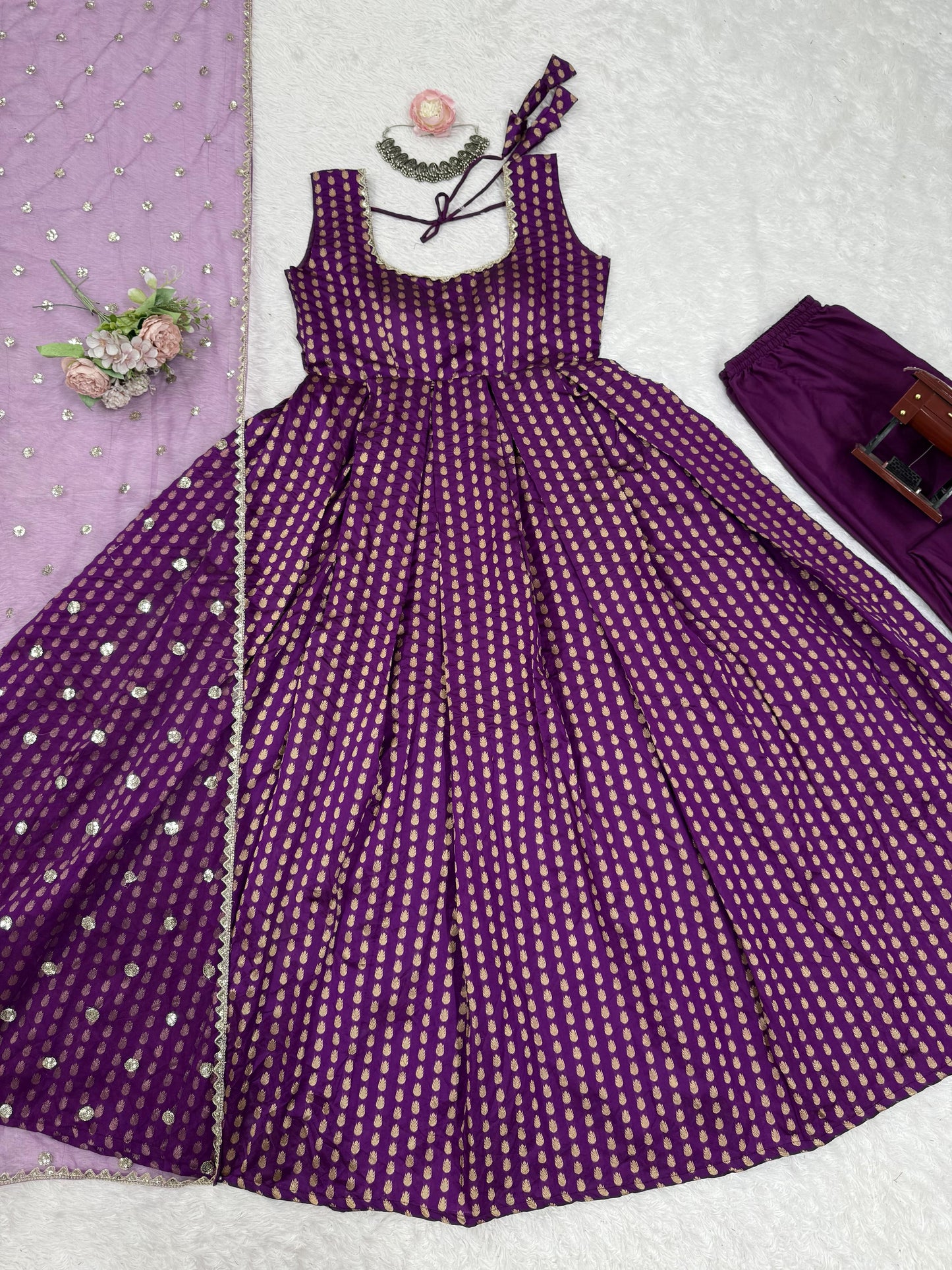Captivating Jacquard Silk Purple Color Gown With Dupatta