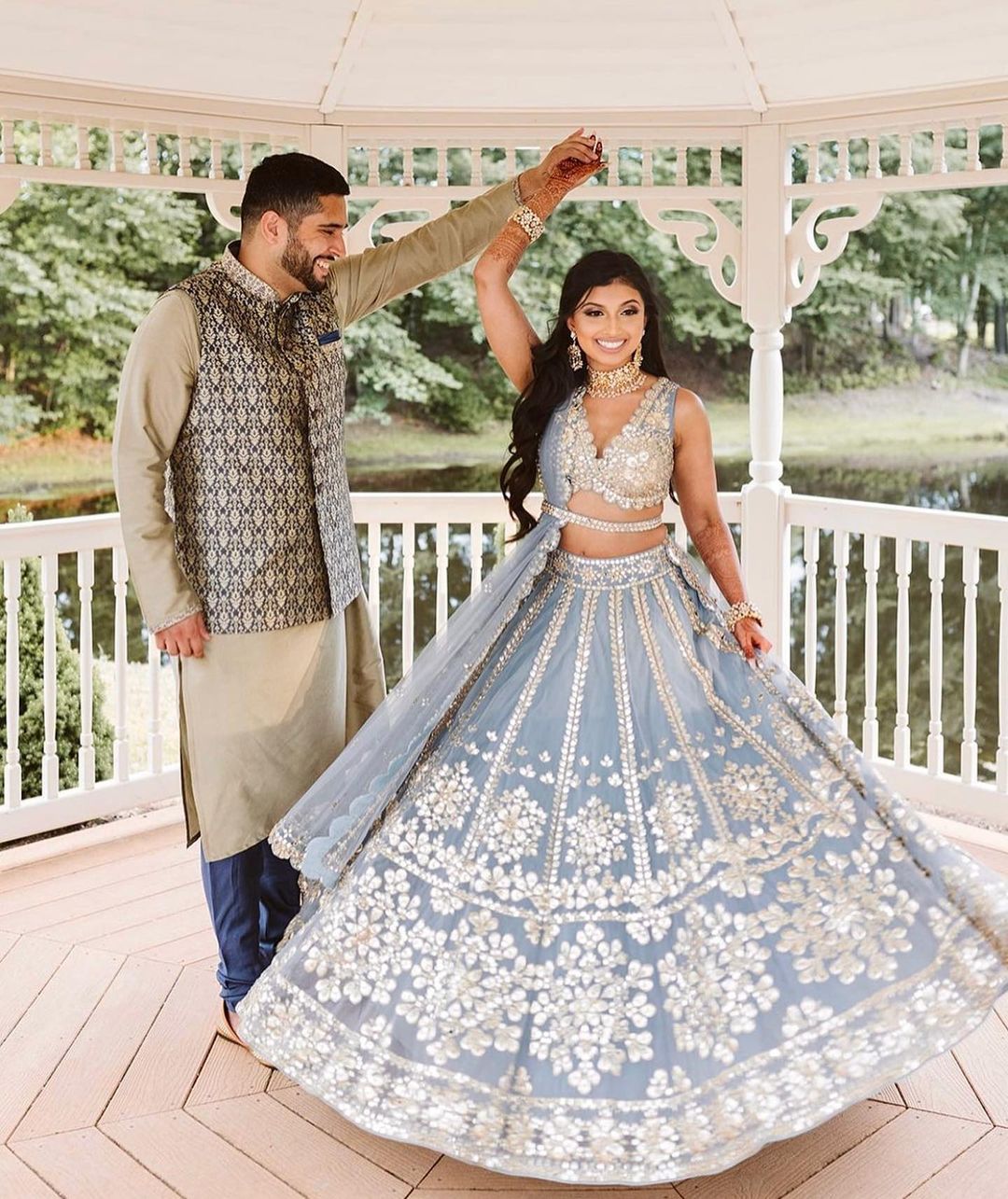 Exquisite Jari And Paper Mirror Embroidered Sky Blue Lehenga