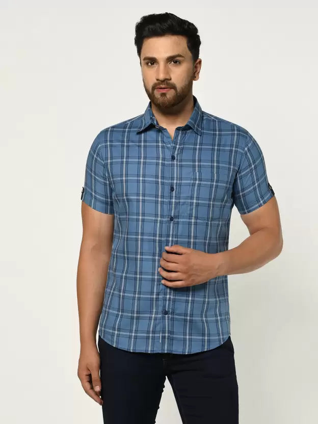 Men Slim Fit Light Blue Checkered Spread Collar Shirt