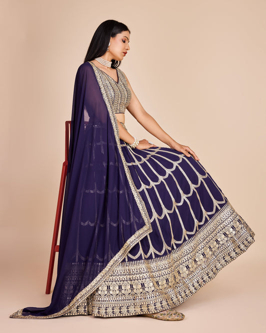 Navy Blue Embroidered Georgette Lehenga