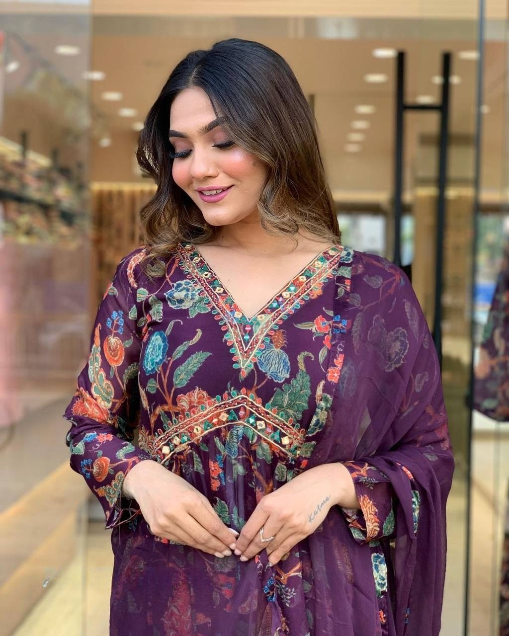 Women Embrodairy Printed Flared Kurti & Pant With Dupatta Set