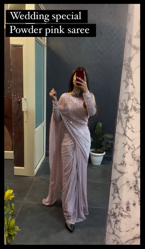 Outstanding Beby Pink Premium Net Tikli Work Ready To Wear Saree