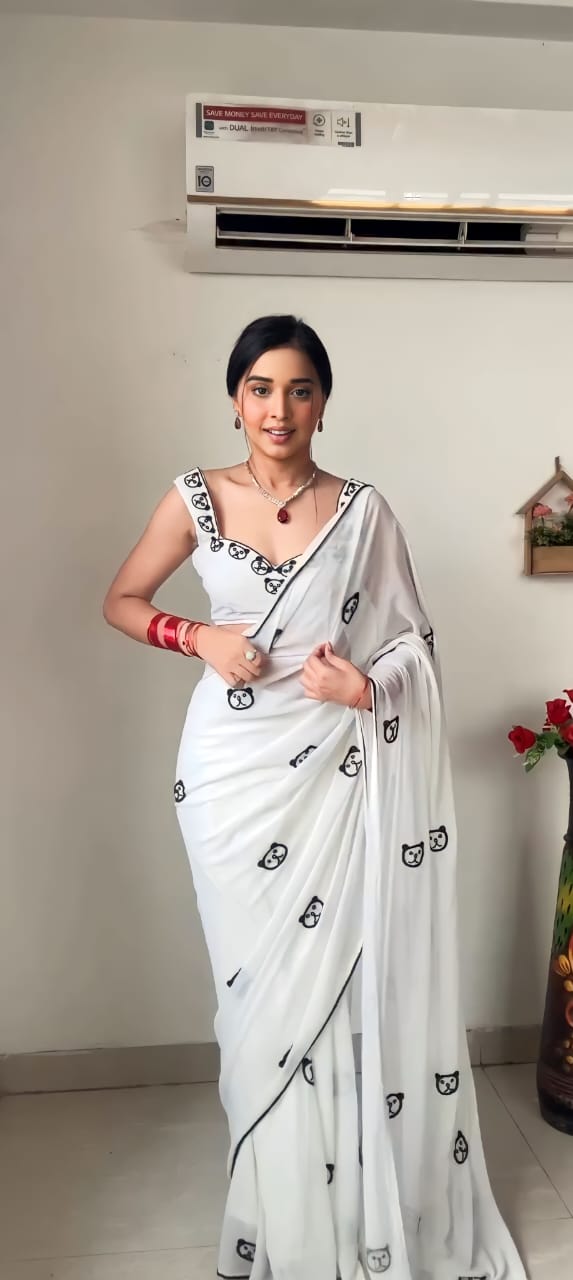 Shining White Color Soft Georgette Silk Ready To Wear Saree