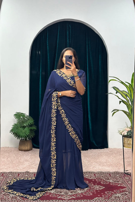 Trending Blue Color Gown With Attached Pallu Saree