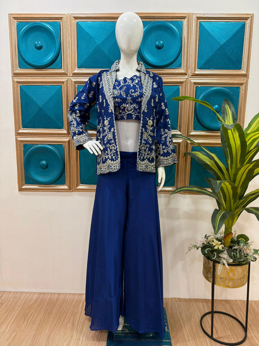 Outstanding Heavy Work Navy Blue Color Palazzo Suit With Koti