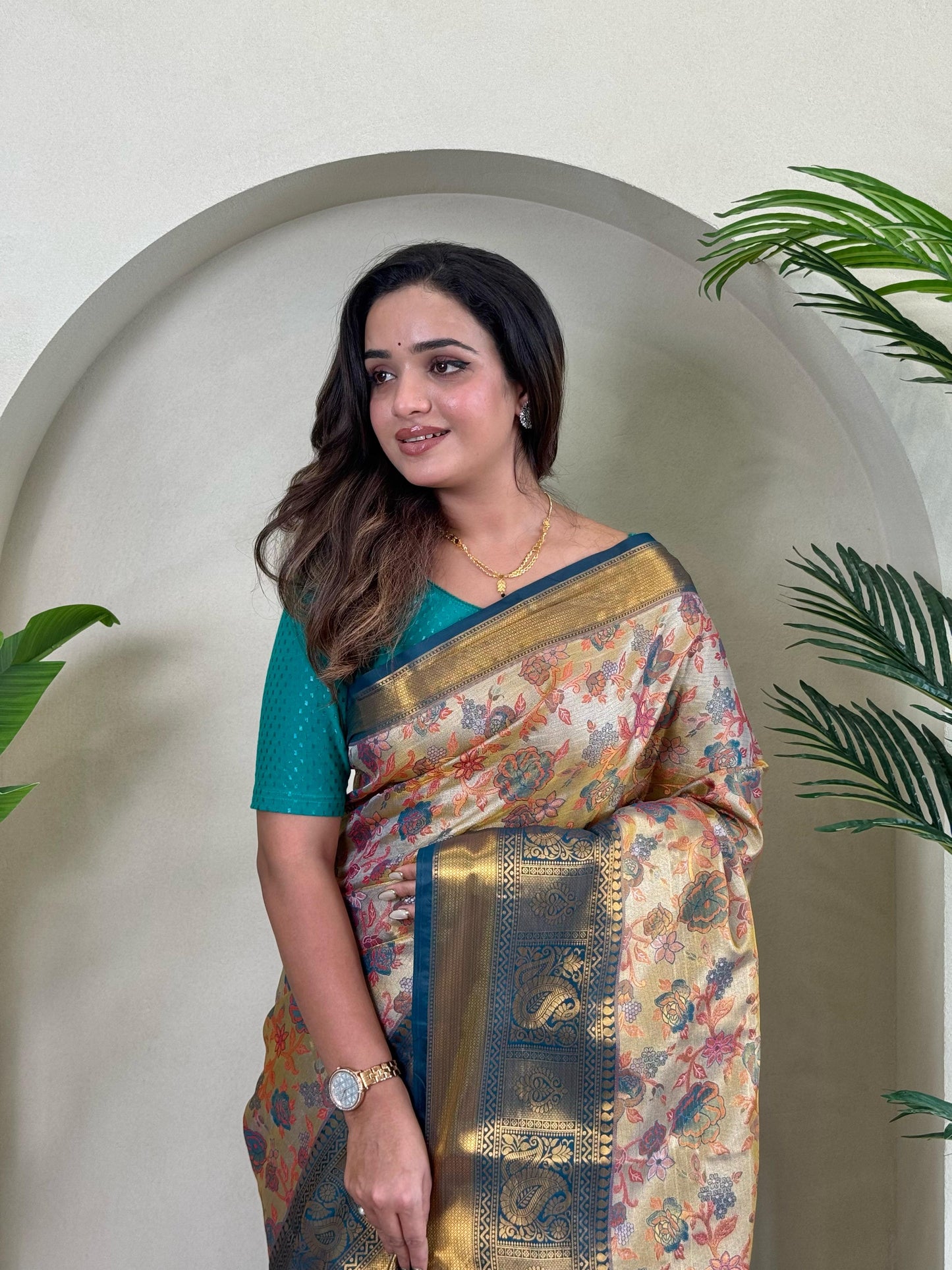 Demanding Kanchipuram Teal Blue Color Saree