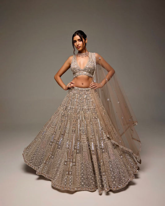 Party Wear Thread Work Gold Color Lehenga Choli