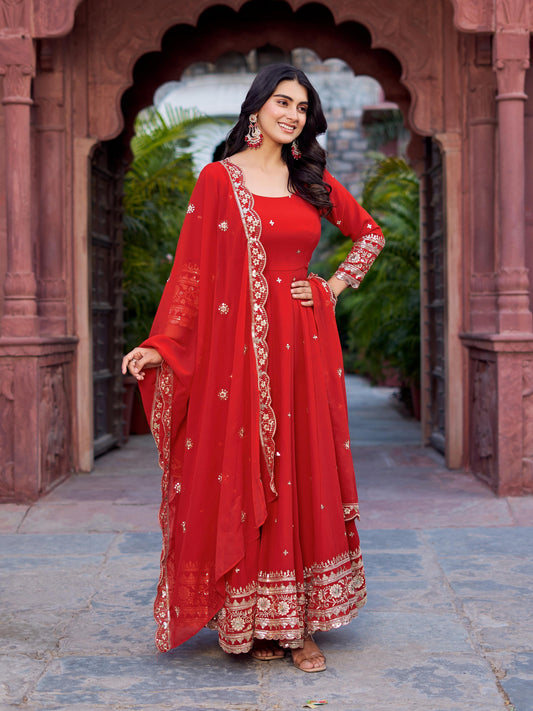 Outstanding Red Color Georgette Gown With Dupatta