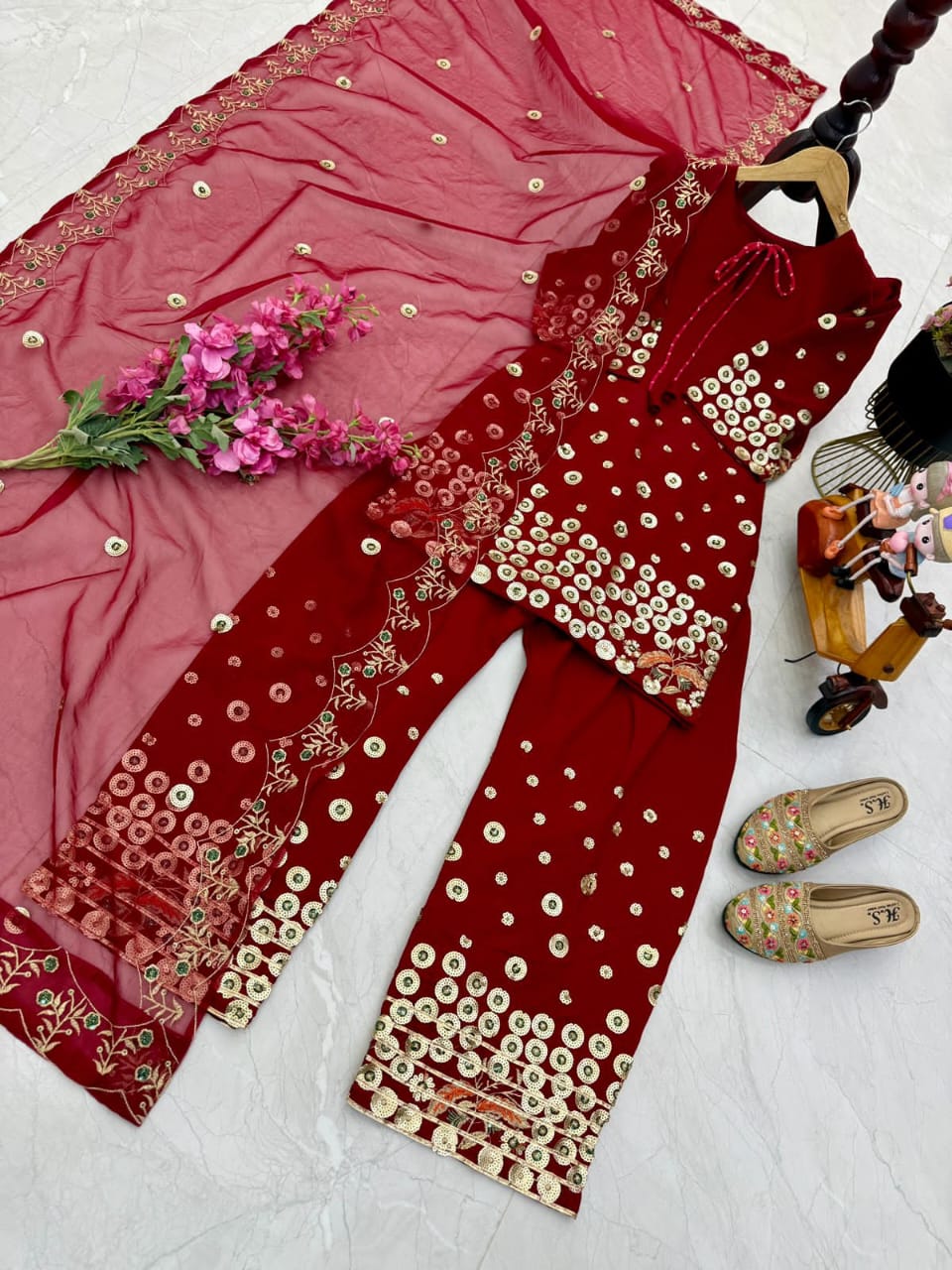 Red Color Sequence Work Alluring Palazzo Suit
