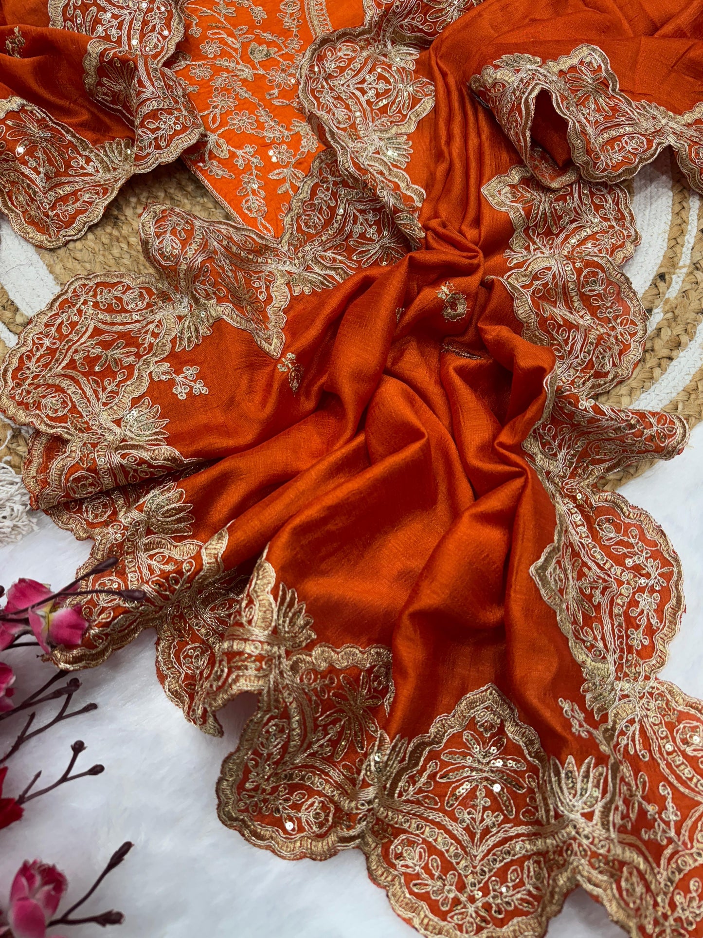 Bollywood Style Heavy Work Orange Color Silk Saree