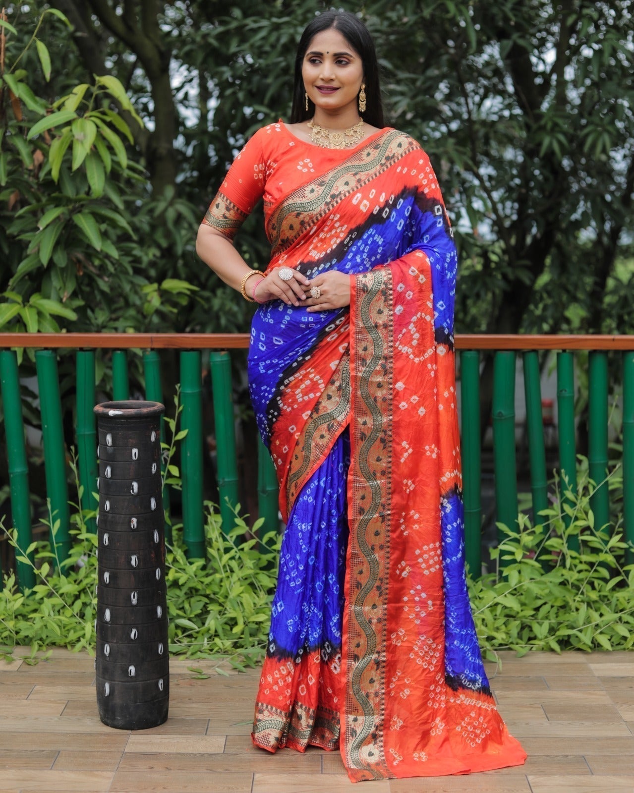 Bandhej With Zari Weaving Border Blue And Orange Saree