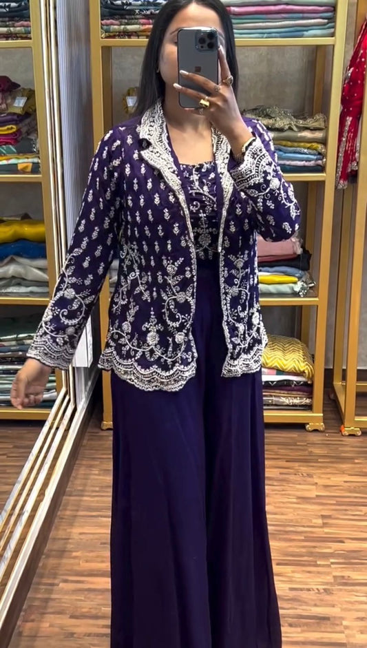 Outstanding Heavy Work Purple Color Palazzo Suit With Koti