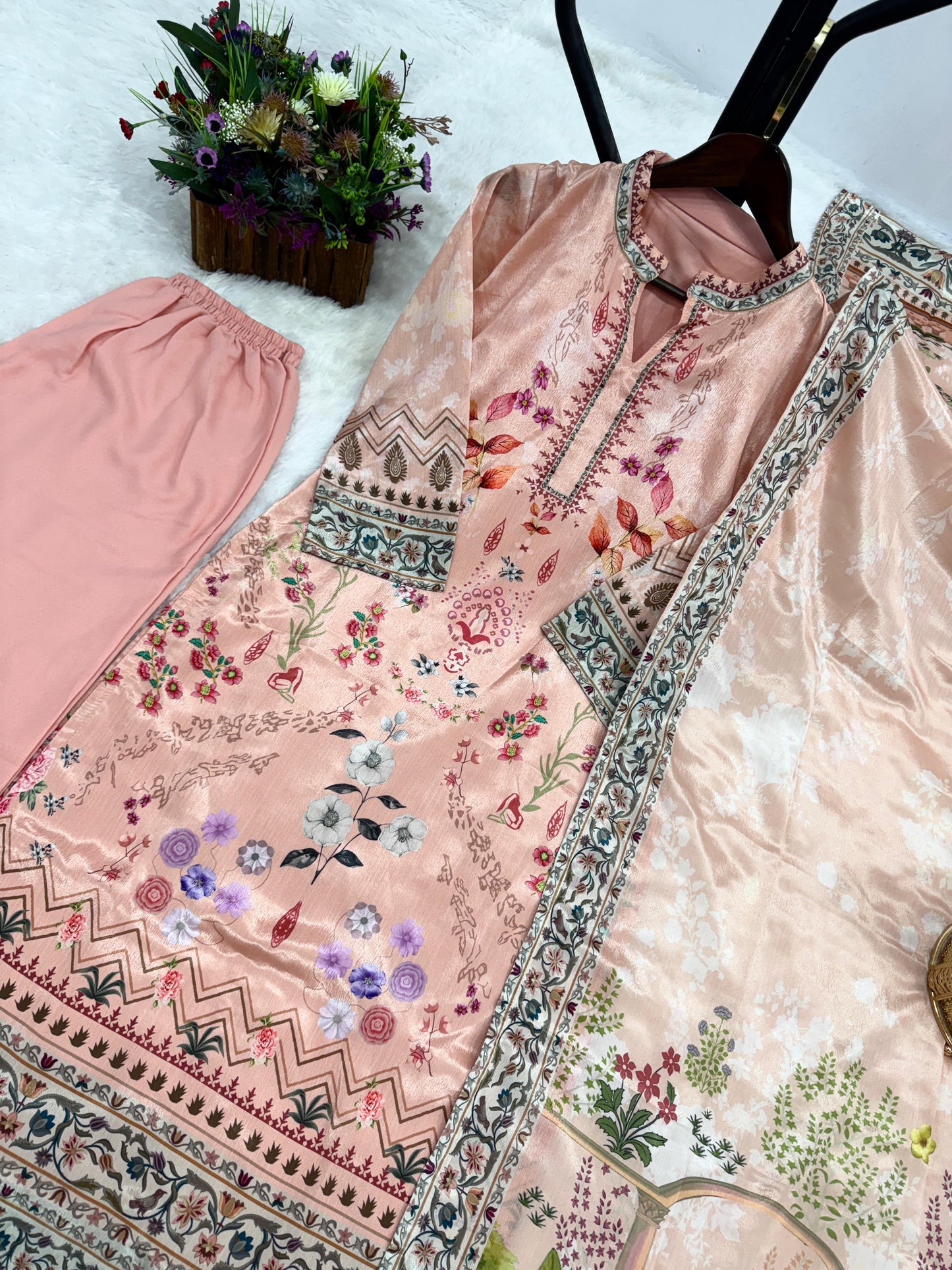 Beautiful Printed With Lace Border Peach Color Palazzo Suit