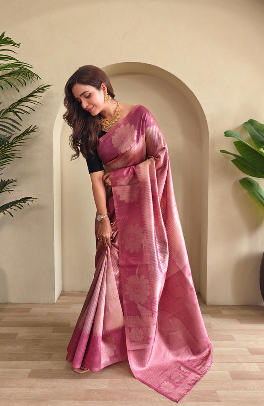 Pink Color Flower Print Silk Saree
