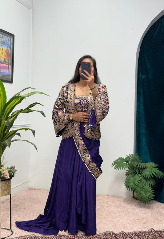 Presenting Embroidery Work Purple Color Ready To Wear Saree
