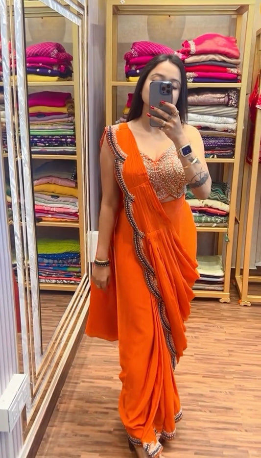 Eyes Catching Chinon Silk Orange Color Ready To Wear Saree With Koti