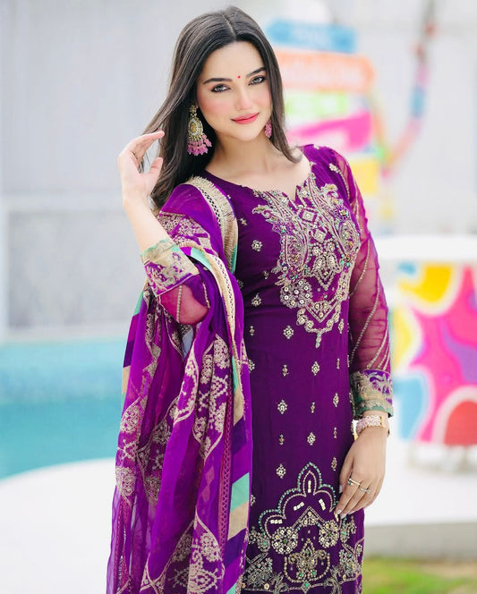 Captivating Embroidery Work Purple Color Palazzo Suit