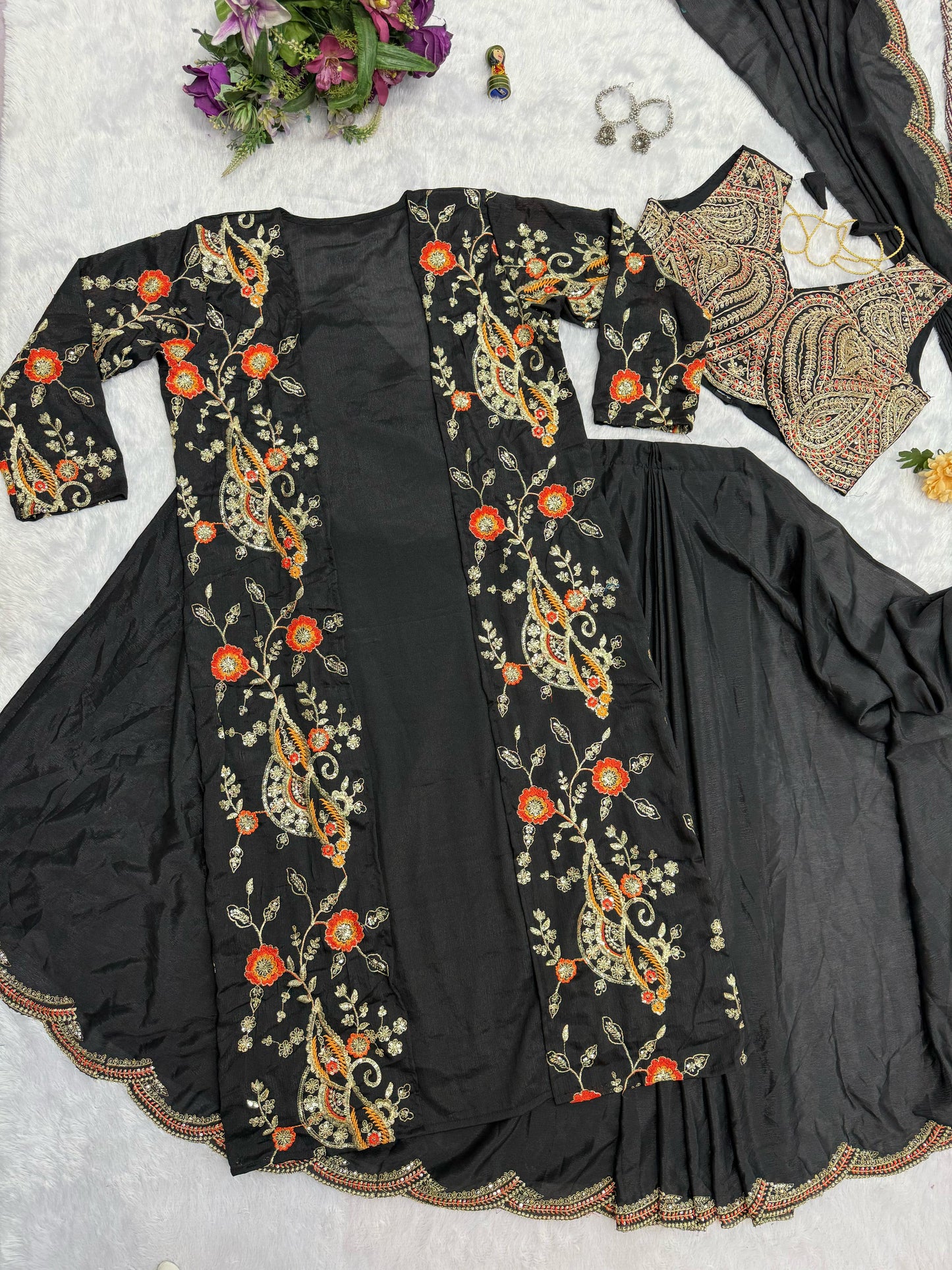 Eyes Catching Chinon Silk Black Color Ready To Wear Saree With Koti