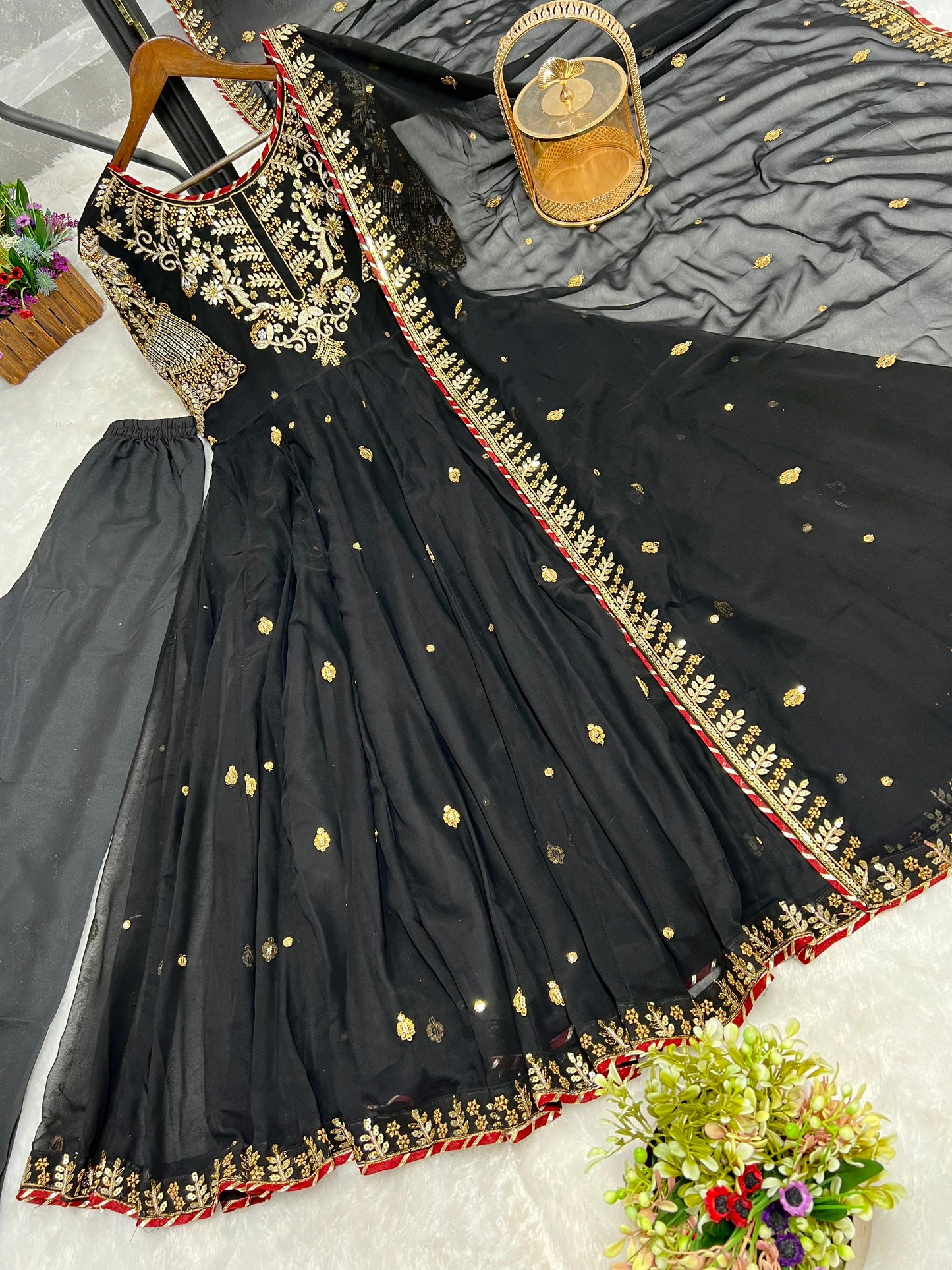 Beautiful Embroidery Sequence Work Black Color Gown