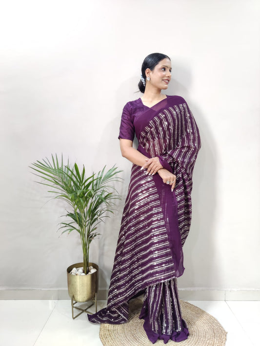 Fantastic Georgette Sequins Work Wine Color Ready To Wear Saree