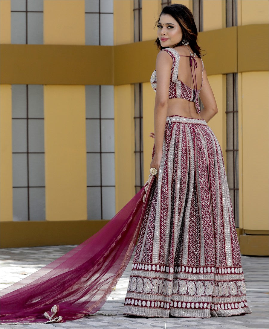 Wine Color Georgette Sequence and Thread Work Lehenga choli