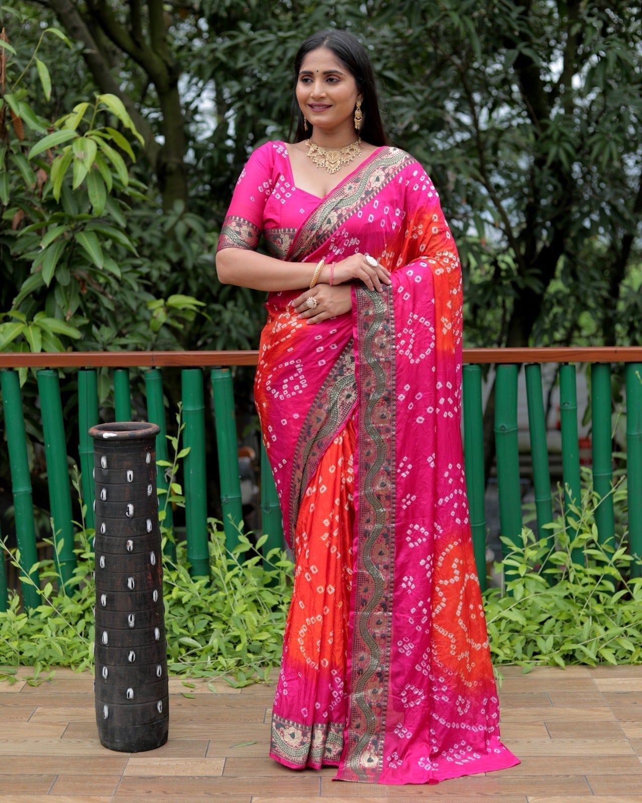 Bandhej With Zari Weaving Border Orange And Pink Saree
