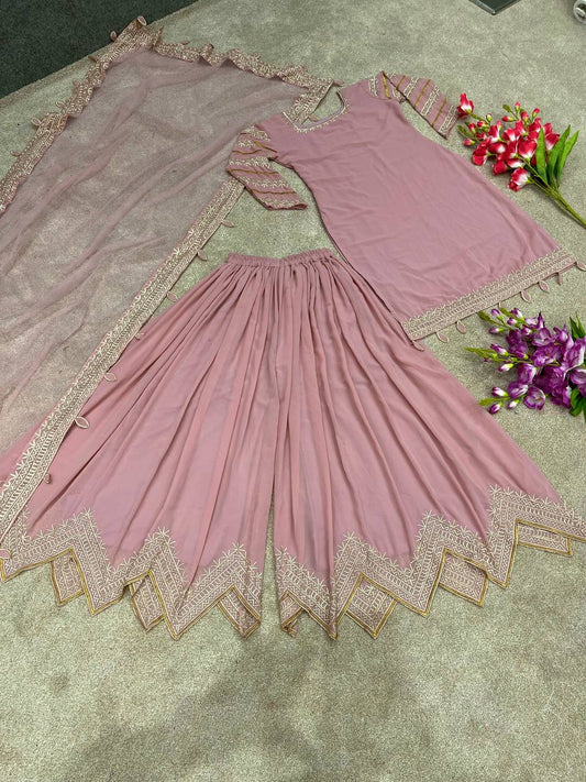 Stylish Light Pink Color Embroidery Work Sharara Suit