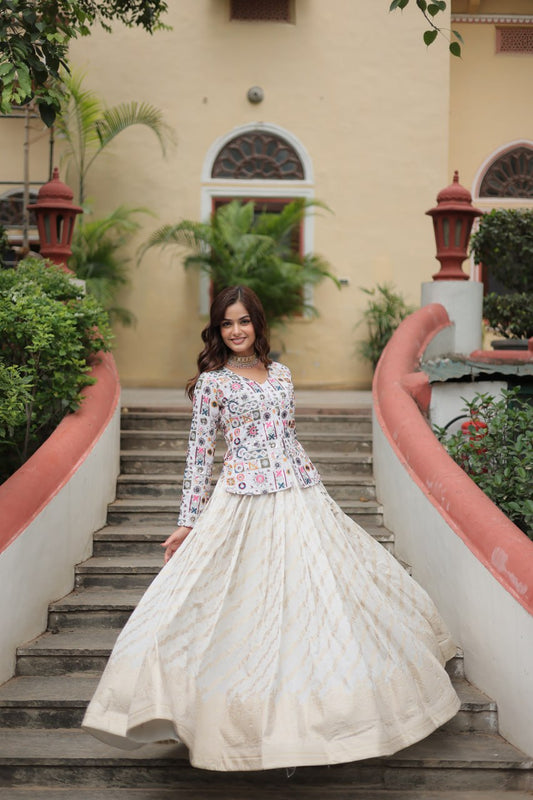 Fabulous Embroidered Work White Color Top With Lehenga