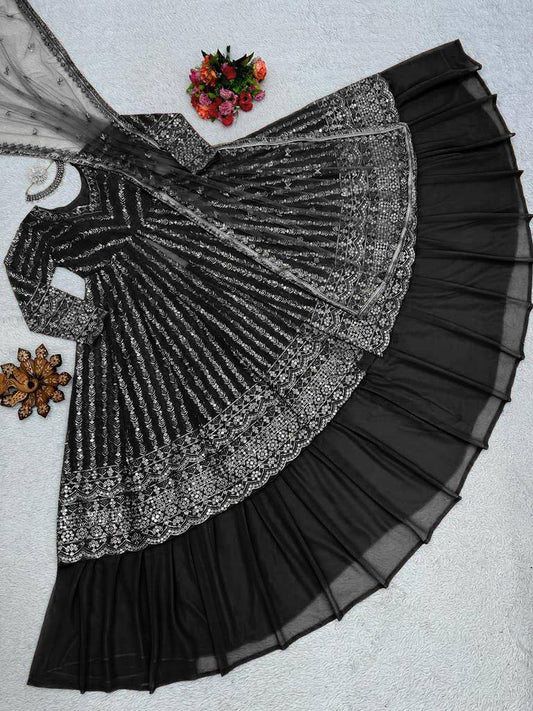 Delightful Sequence Thread Work Black Top With Lehenga