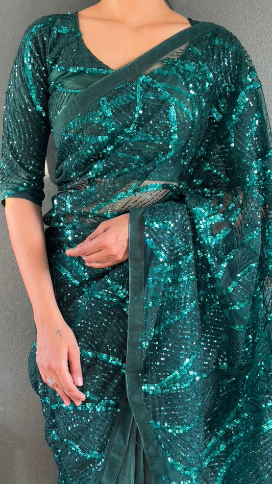 Superhit Embroidery Sequins Work Green Color Ready To Wear Saree