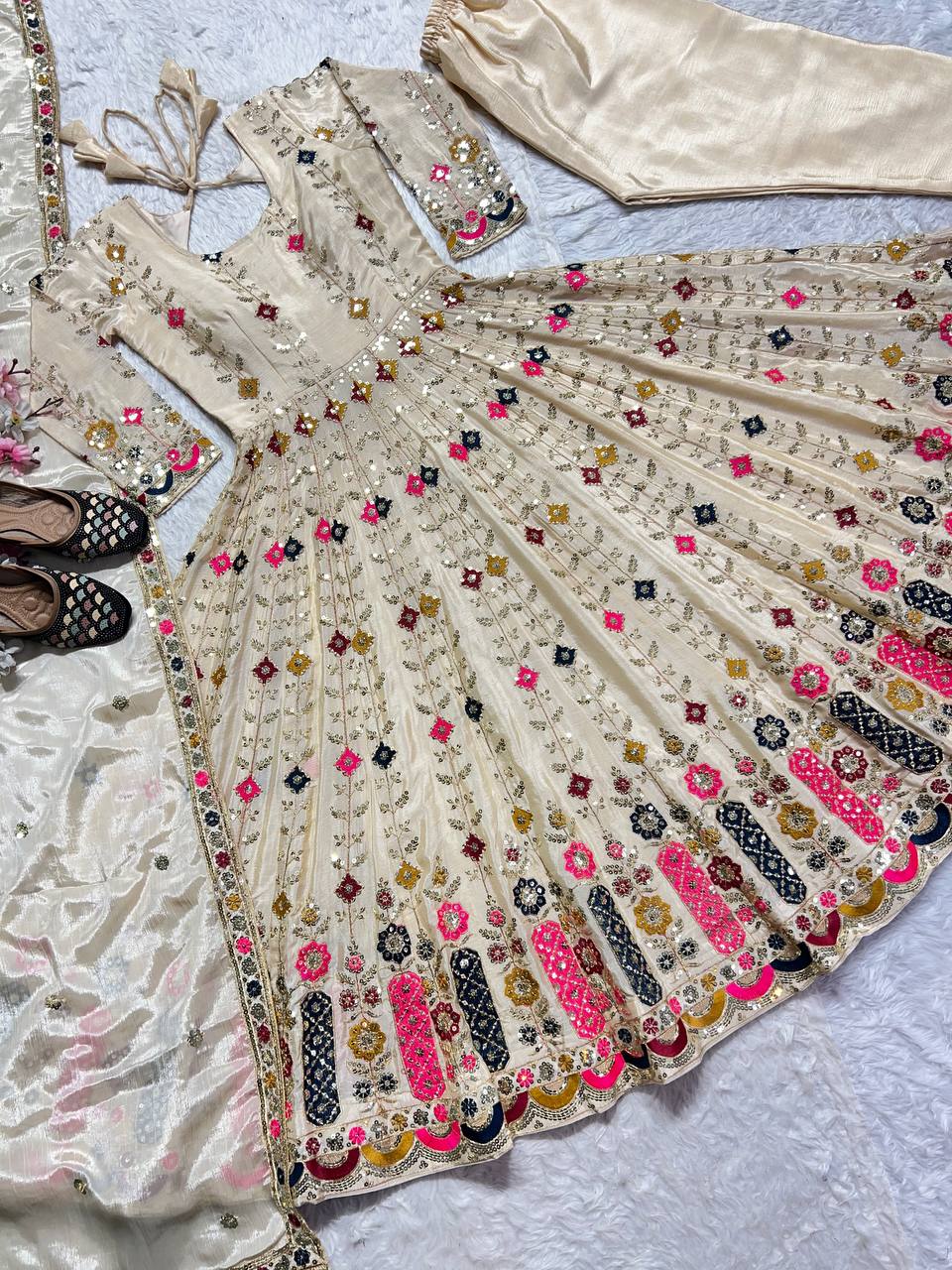 Multi Embroidery Color Cream Color Anarkali Gown