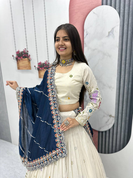 Stunning Off White Color Lehenga choli With Navy Blue Dupatta