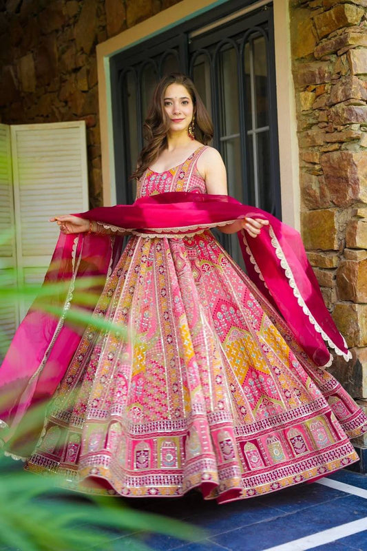 Attractive Silk Digital Printed Multicolor Anarkali Gown
